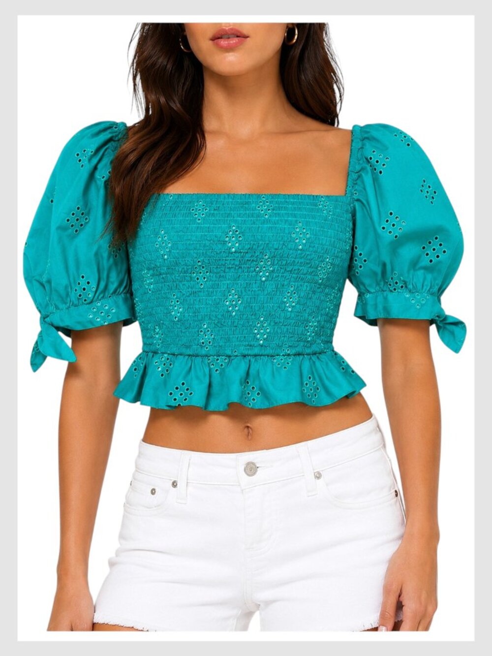 Zara Smocked Crop Top Turquoise Eyelet Puff Sleeve S
